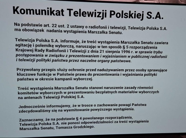 Skandal z orędziem Marszałka Senatu. Dziwny komunikat TVP