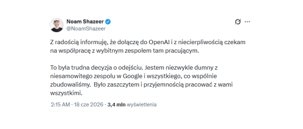 Wielka zmiana barw z Google do OpenAI. Kluczowa postać przechodzi do głównego rywala 3